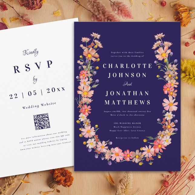Convites Marinho de flor selvagem Casamento outono azul (Elegant floral navy blue fall wedding invitation with wildflower dried flowers wreath)