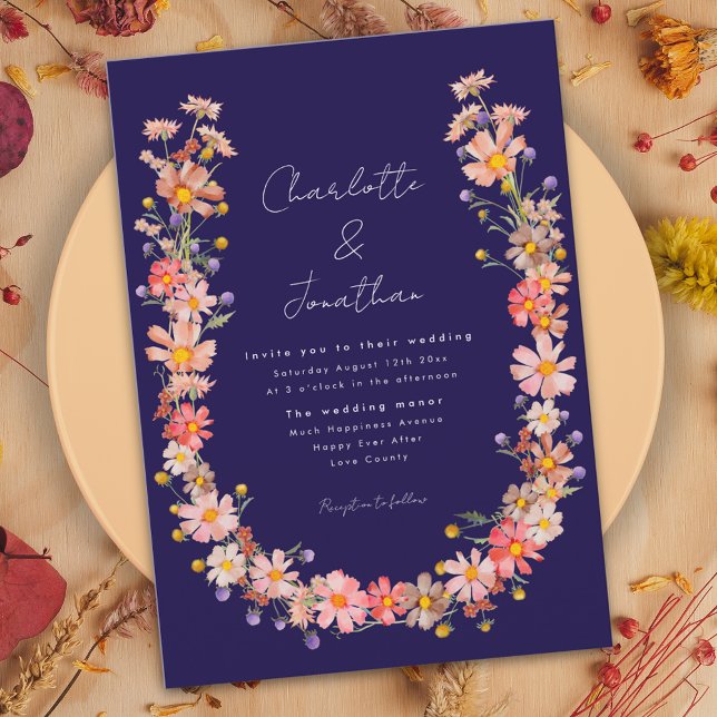 Convites Marinho de flor selvagem Casamento outono azul (Wildflower navy blue fall wedding invitation with watercolor dried flowers boho wreath)