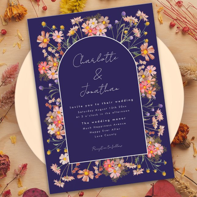 Convites Marinho de flor selvagem Casamento outono azul Ter (Wildflower arch boho script navy blue burnt Orange terracotta fall wedding 
Invitation )