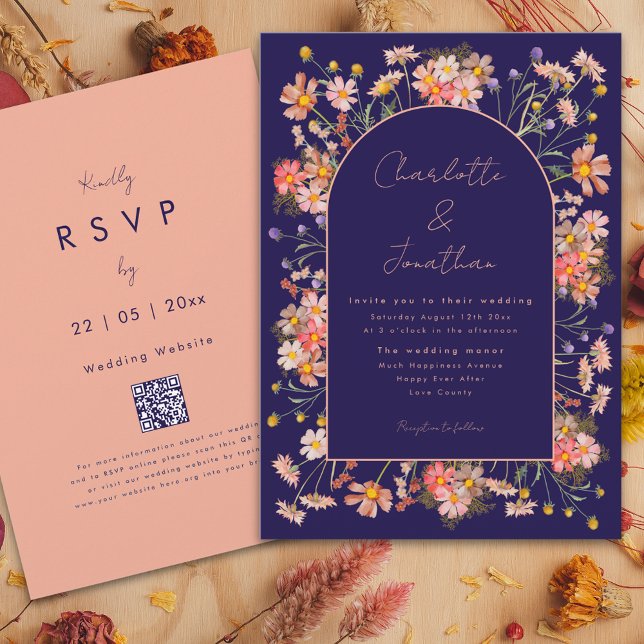 Convites Marinho de flor selvagem Casamento outono azul Ter (Wildflower arch navy blue terracotta burnt orange peach fall wedding invitation whimsical script )