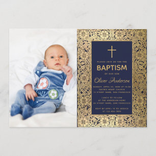 Convites Marinho de Fotografia do Boy Baptism Blue Vintage 