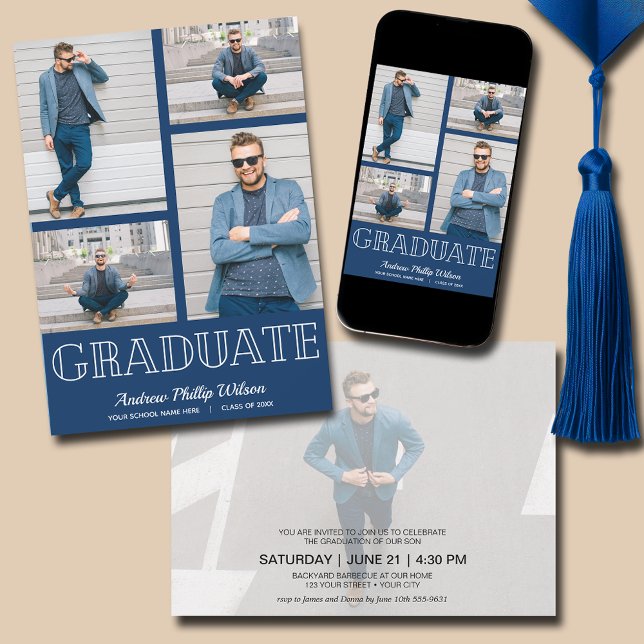 Convites Marinho de fotos 5 moderna azul (Navy Blue Modern Photo Graduation Invitations - PRINTED and/or INSTANT DOWNLOAD)