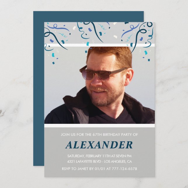 Convites Marinho de fotos Blue Confetti para o aniversário  (Frente/Verso)