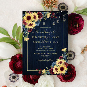 Convites Marinho de girassol Blue Burgundy Casamento Floral
