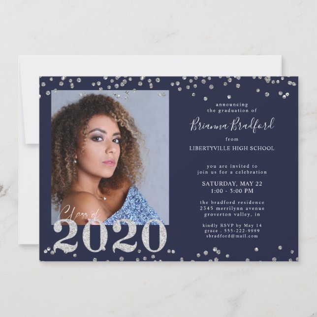 Convites Marinho de Graduação 2020 Silver Glitter Confetti  (Frente)