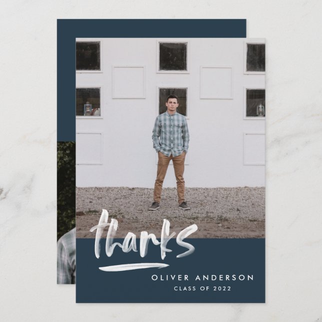 Convites Marinho de graduação script azul 3 obrigado de fot (Frente/Verso)