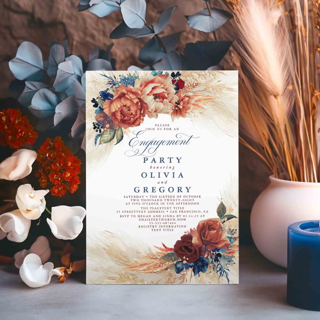 Convites Marinho de Grass  Azul Terracotta Festa de noivado (Navy Blue and Terracotta Fall Engagement Party Invitations)