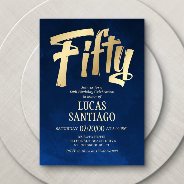 Convites Marinho de homem Dourado 50º Aniversário (Criador carregado)