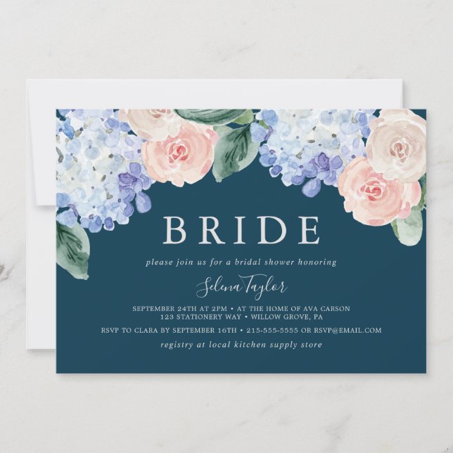 Convites Marinho de Hydrangea Elegante Chá de panela Horizo (Frente)
