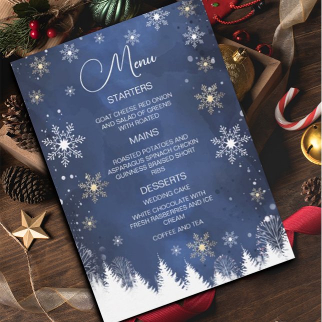 Convites Marinho de inverno com Floco de Neve Moderno e Cas (#menu #zazzlemade #Christmas #holiday #flyer #holidayflyer #menucard #snowflakes #navyblue #gold)