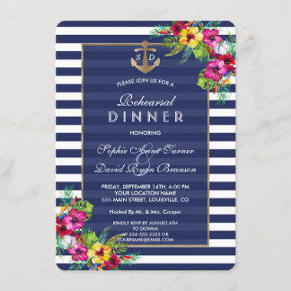 Convites Marinho de Luau Floral Tropical Stripes REHEARSAL