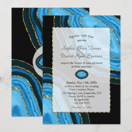 Convites Marinho de luxo Azul Aquarela Agates Pérolas Casam