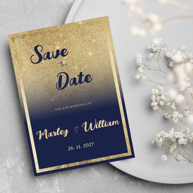 Convites Marinho de luxo -  azul, brilho do ombreiro Salve  (Luxury navy blue gold ombre glitter Save the Date)