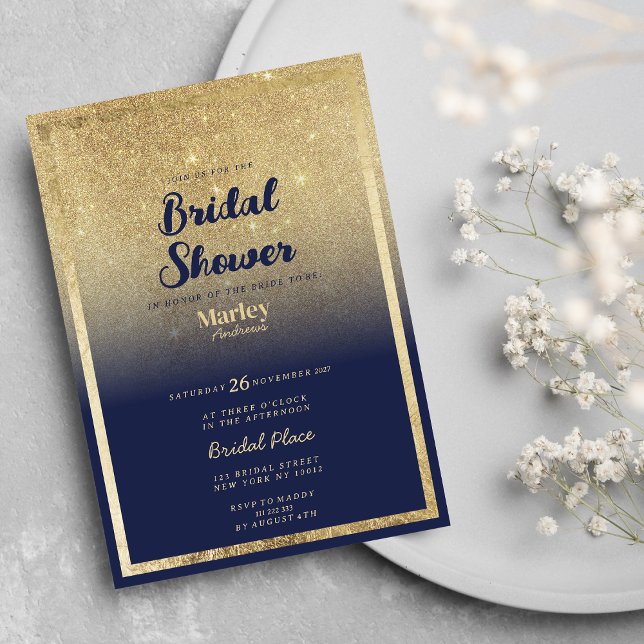 Convites Marinho de luxo Chá de panela azul de ouro ombre (Luxury navy blue gold ombre glitter Bridal Shower)