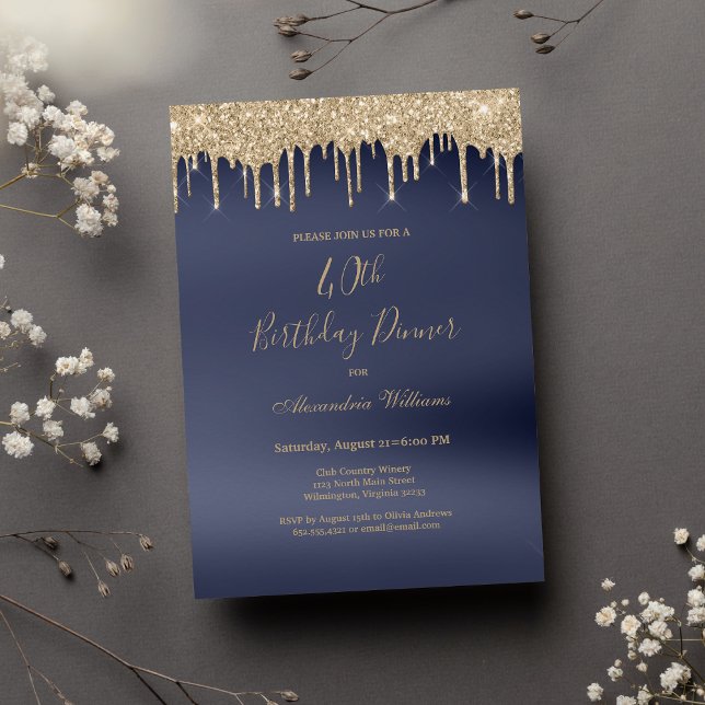 Convites Marinho de luxo dourado azul brilha aniversário de (Luxury navy blue gold glitter drips 40th Birthday)