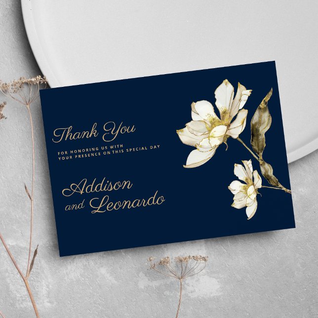 Convites Marinho de luxo, flor branca de ouro azul, obrigad (Luxury navy blue gold white flower Thank You )