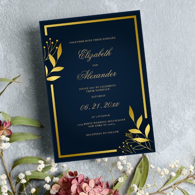 Convites Marinho de luxo folhagem de ouro azul casamento fl (Luxury navy blue gold foliage floral wedding )