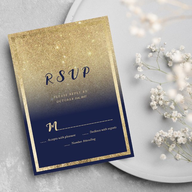 Convites Marinho de luxo - RSVP de brilho ombre azul (Luxury navy blue gold ombre glitter RSVP )