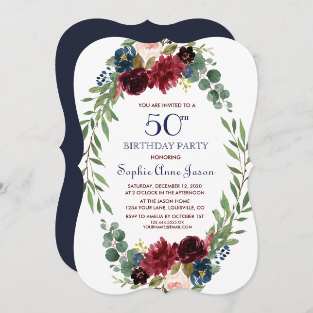 Convites Marinho de Merlot Blue Floral Bloom 50º Aniversári (Frente/Verso)