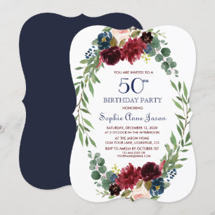 Convites Marinho de Merlot Blue Floral Bloom 50º Aniversári