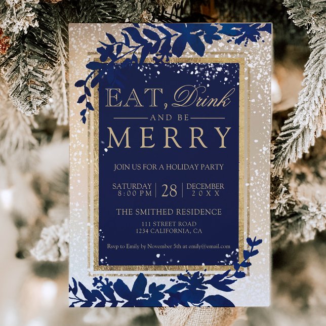 Convites marinho de neve de folha de ouro no Natal (gold typography leaf snow navy eat Christmas Invitation)