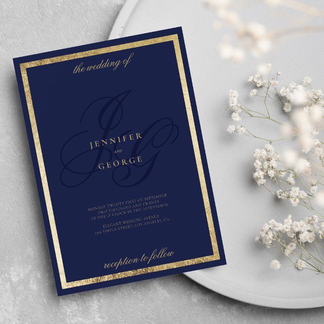Convites Marinho de ouro elegante monograma azul em casamen (Elegant gold navy blue monogram initals wedding invitation )