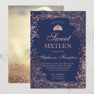 Convites marinho de ouro floral Tiara Chic Sweet 16