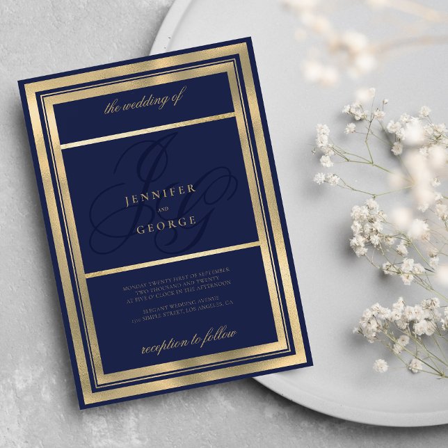 Convites Marinho de ouro, monograma, iniciais, casamento (Glam gold navy blue monogram initials wedding)