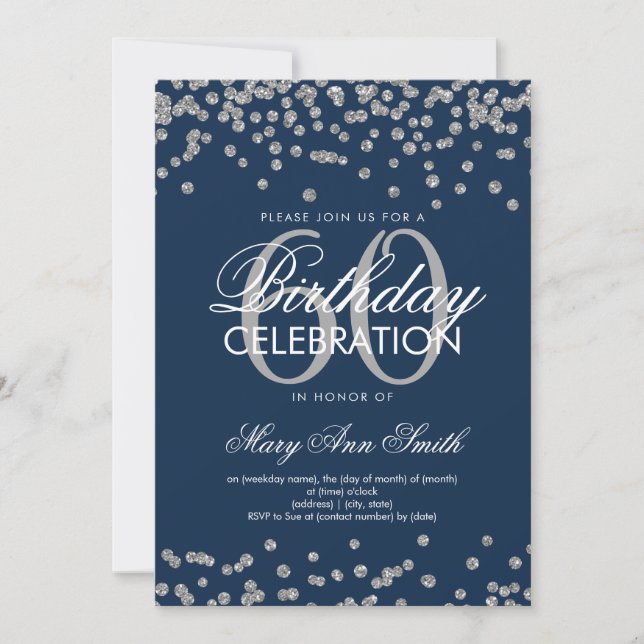 Convites Marinho de prata Blue 60th Birthday Glitter Confet (Frente)