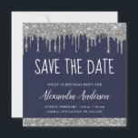 Convites Marinho de prata Blue Glitter Sweet 16 Salve a dat<br><div class="desc">Silver de luxo e Marinho Azul Espelho Derramando Brilhante Doce Dezesseis - Festa de aniversário de 16 Meninas Salvem o Convite para Encontros. Este convite feminino é perfeito para a Festa de aniversário Sparkle Glitter Sweet 16ª,  que procura celebrar na Rosa Rosa Rosa Rosa Rosa Dourada.</div>