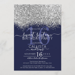 Convites Marinho de prata de luxo Confetti Sweet 16