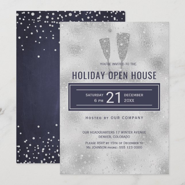 Convites Marinho de prata elegante Holiday Open House (Frente/Verso)