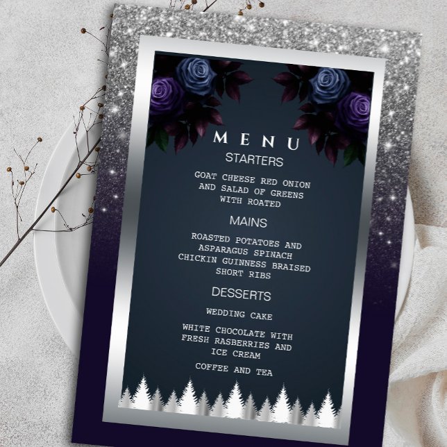 Convites Marinho de Prata Leve Escura para Lente Azul Menu  (Set the mood for an elegant evening with our silver glitter and navy blue floral menu invitation)