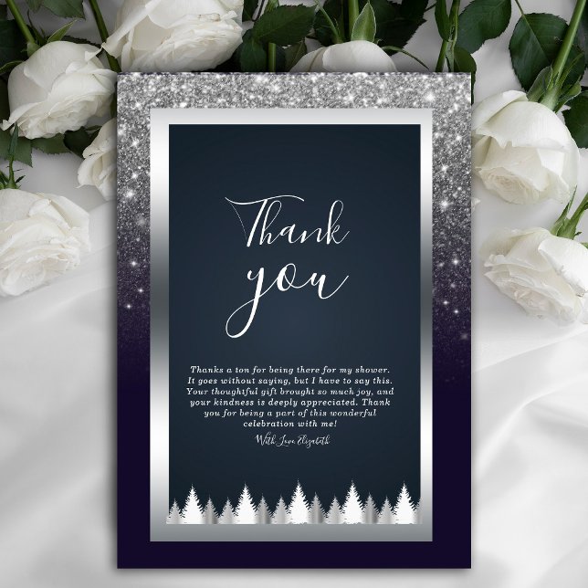 Convites Marinho de Prata Luminosa Escura Azul Obrigado (Dark and dramatic. Our navy blue, silver, and purple floral thank you card add a touch of mystery)
