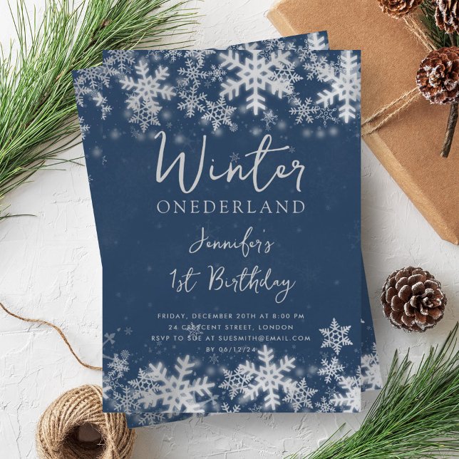 Convites Marinho de Prata Simples primeiro aniversario de i (Simple Silver Navy Winter ONEDERLAND 1st Birthday Invitation)