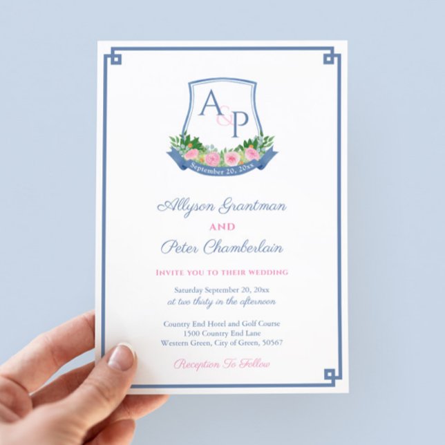 Convites Marinho de pré-disquete e Casamento de repouso de  (Hand-painted in watercolor navy blue and bold pink roses monogram wedding crest save the date card)