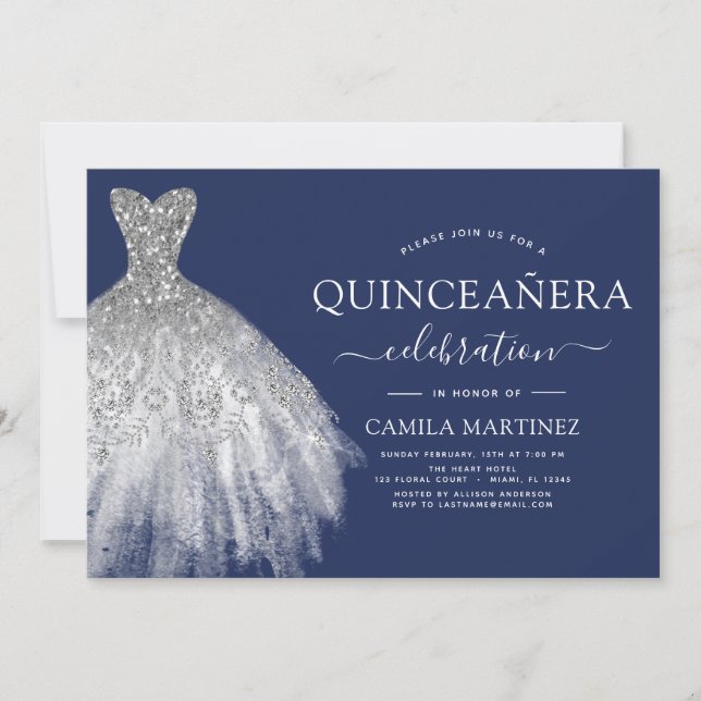Convites Marinho de Quinceanera Blue Silver Sparkle (Frente)