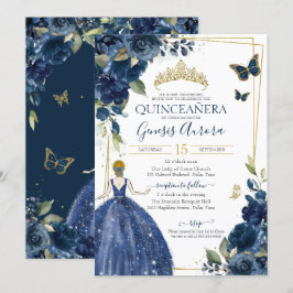 Convites Marinho de Quinceañera Borboletas Florais Azuis e 