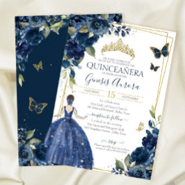 Convites Marinho de Quinceañera Borboletas Florais Azuis e 