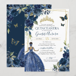 Convites Marinho de Quinceañera Borboletas Florais Azuis e 