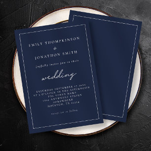 Convites Marinho de Script Branco Texto Azul Casamento de B