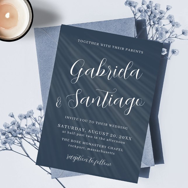 Convites Marinho de Script Simples Casamento Branco Azul (Criador carregado)