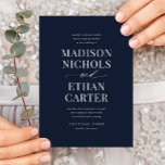 Convites Marinho de Script Simples Elegante Casamento de Or<br><div class="desc">Este convite de casamento elegante e moderno apresenta um roteiro de caligrafia único,  emparelhado com na moda. O esquema de cores preto e branco é perfeito para qualquer evento,  formal ou casual.</div>