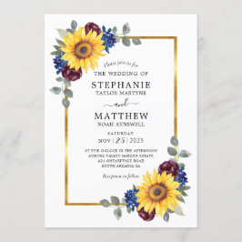 Convites Marinho de Sunflower Burgundy Casamento Dourado Fl