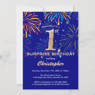 Convites Marinho de Surpresa Azul e Fireworks Dourado