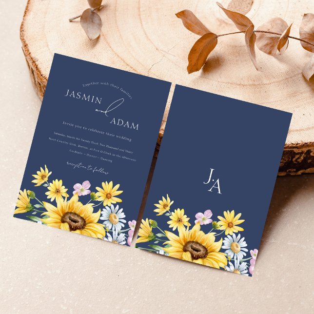 Convites Marinho de Verão Azul Girassóis Monograma Casament (Summer Navy Blue Sunflowers Monogram Wedding Invitation)