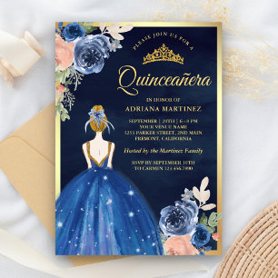 Convites Marinho de Vestido Azul Real Dourado Quinceanera