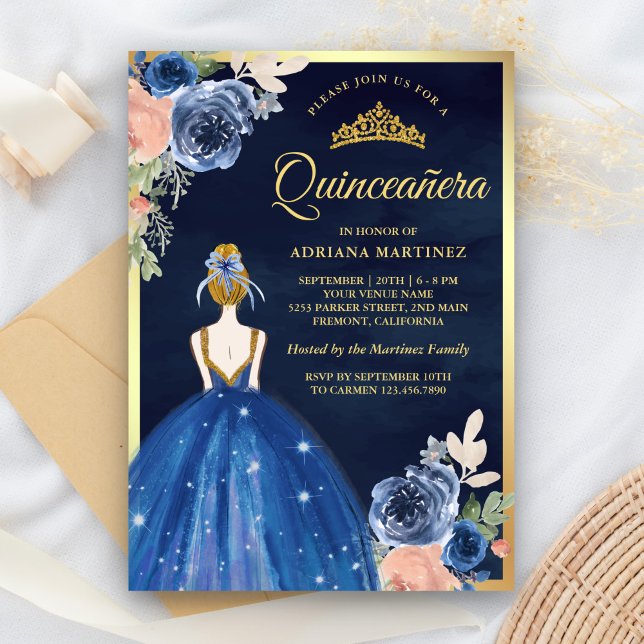 Convites Marinho de Vestido Azul Real Dourado Quinceanera (Criador carregado)