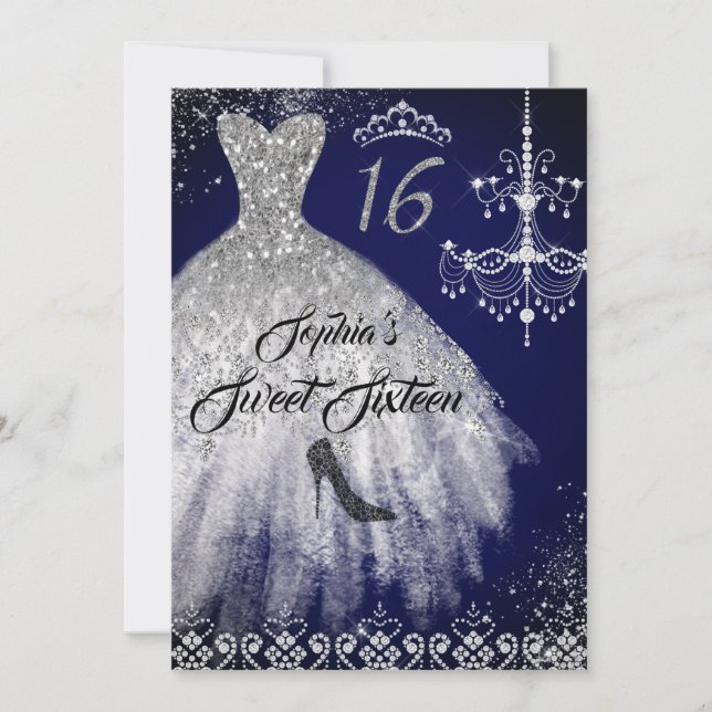 Convites Marinho de Vestido Sparkle Diamond Sweet 16 (Frente)