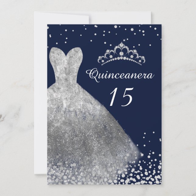Convites Marinho do 15 Quinceanera do Silver Dress (Frente)